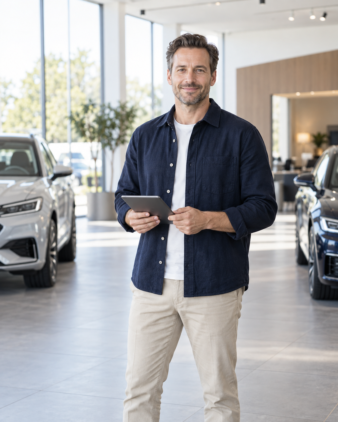 Fahrzeughändler mit Tablet im Autohaus