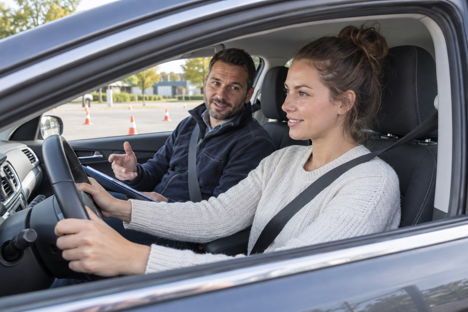 Fahrschülerin mit Fahrlehrer im geparkten Schulungsfahrzeug
