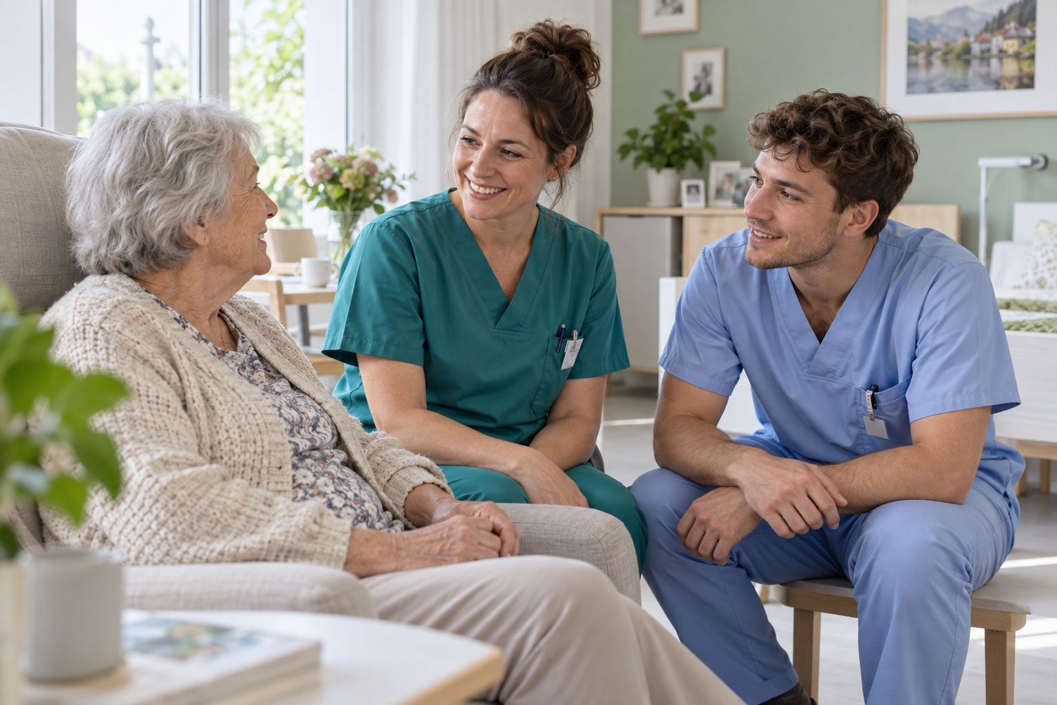 Pflegefachkräfte im Gespräch mit einer älteren Patientin