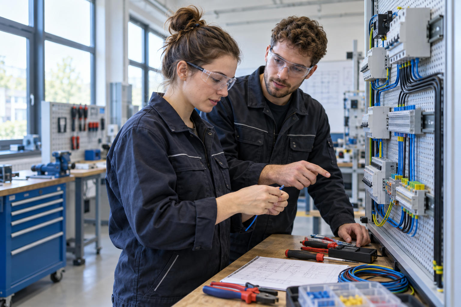Auszubildende am elektrotechnischen Übungsplatz